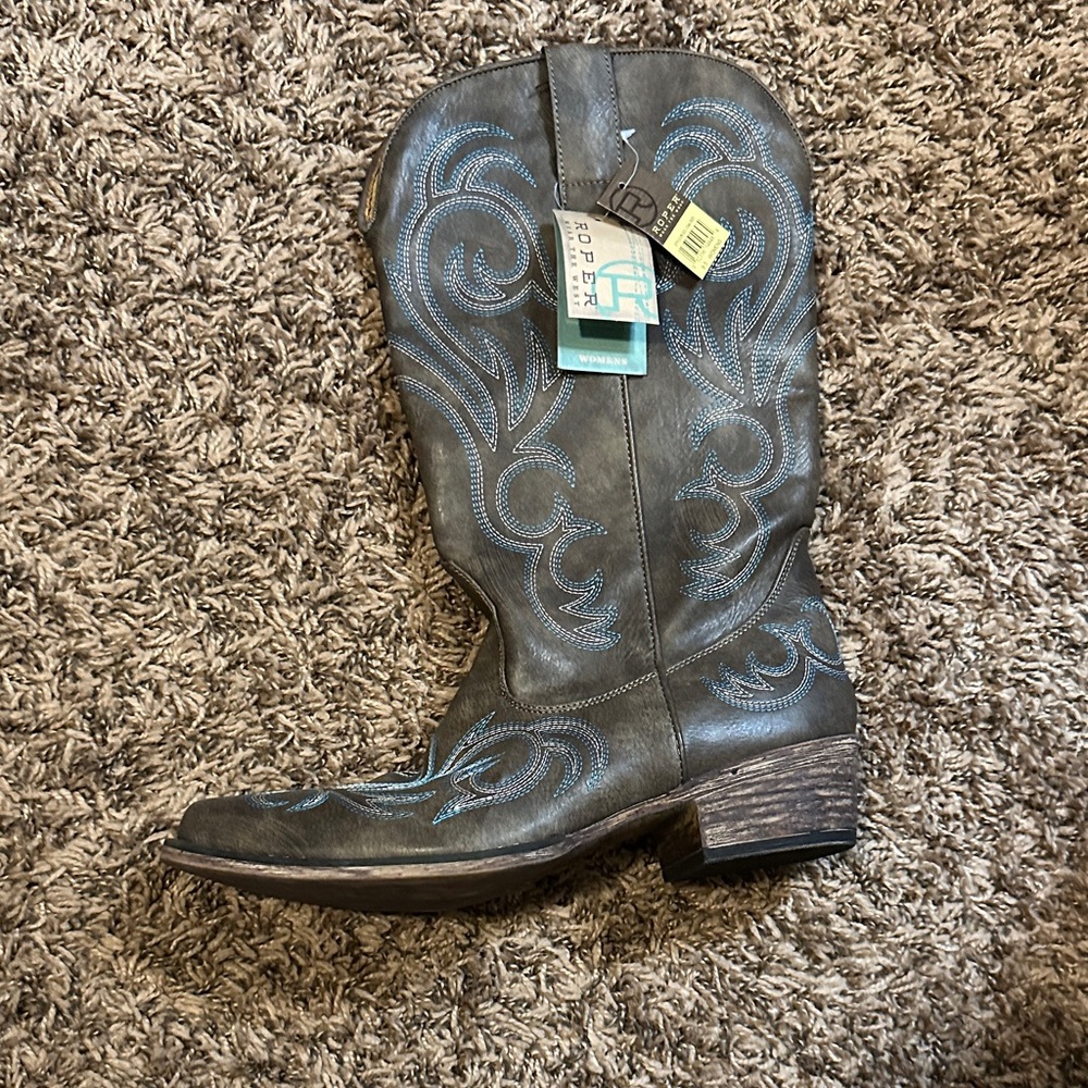 Roper Charcoal Boots with Sky Blue Embroidery
